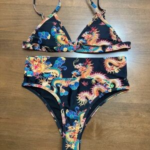 SHEIN Black and Multicolor Dragon Print Swimwear